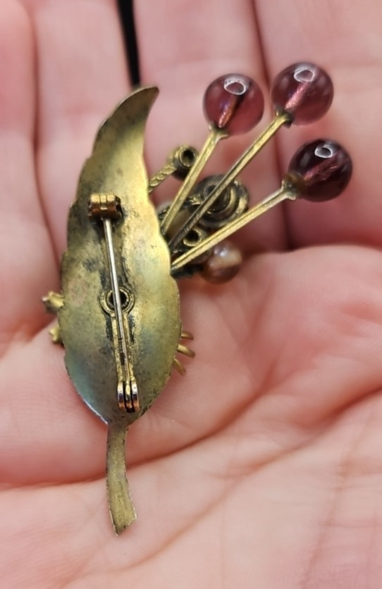 Vintage Czech Glass 1940s Floral Flower Brooch Pin Rhinestone Pearl Brass