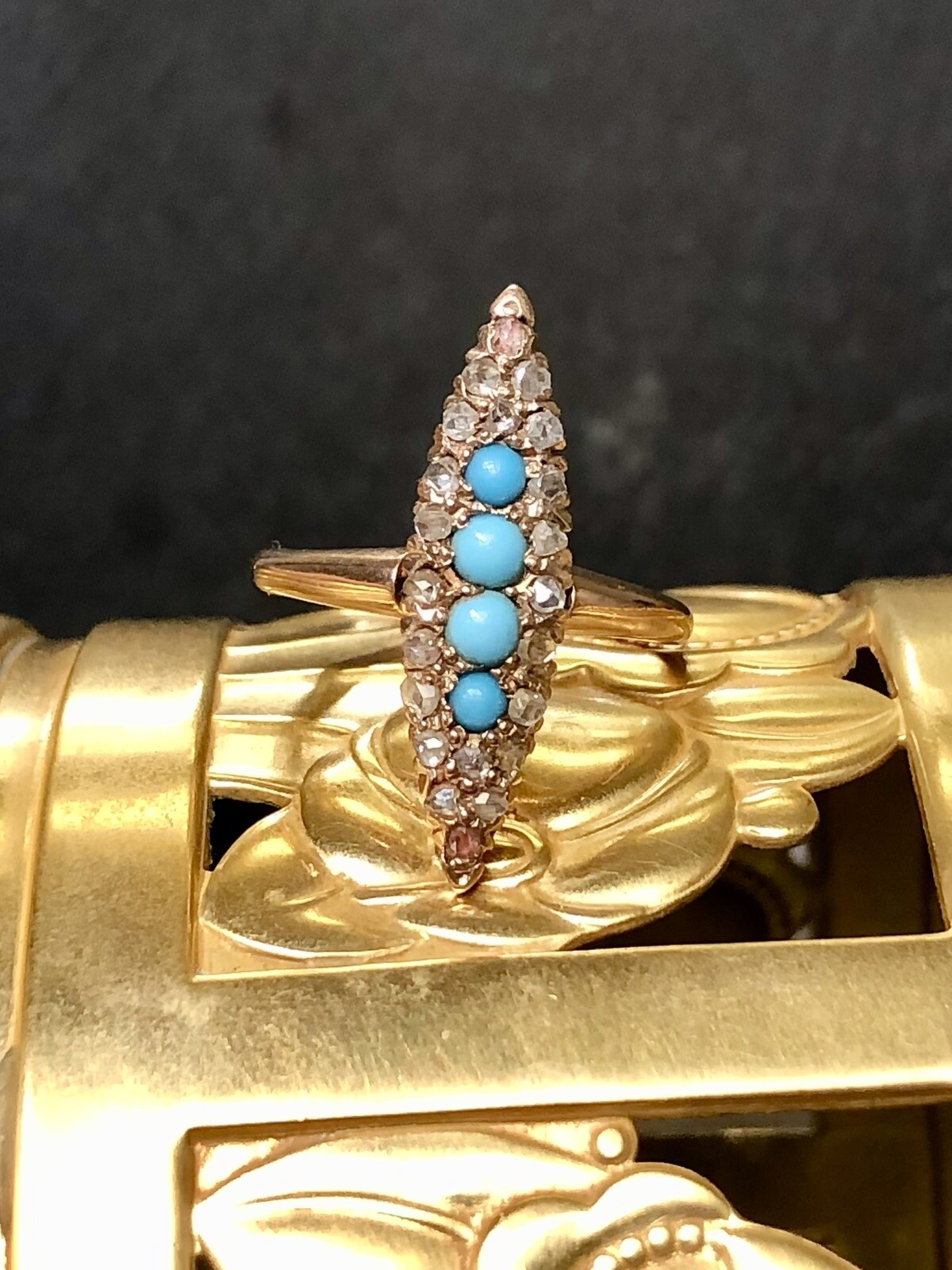 Antique Victorian 14K Rose Gold Turquoise Rose Cut Diamond Navette Ring Sz 5.5