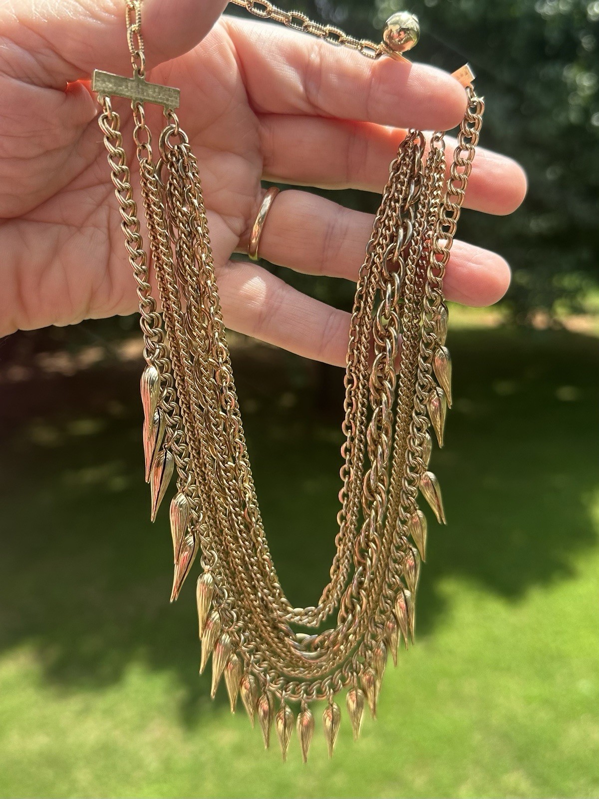 Vtg Multi-Chain Spike Rivet Chunky Choker Bib Statement Necklace Antique GoldTon