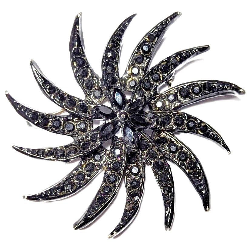Vintage Mourning Brooch Black Rhinestone Japanned Pinwheel Signed Unreadable