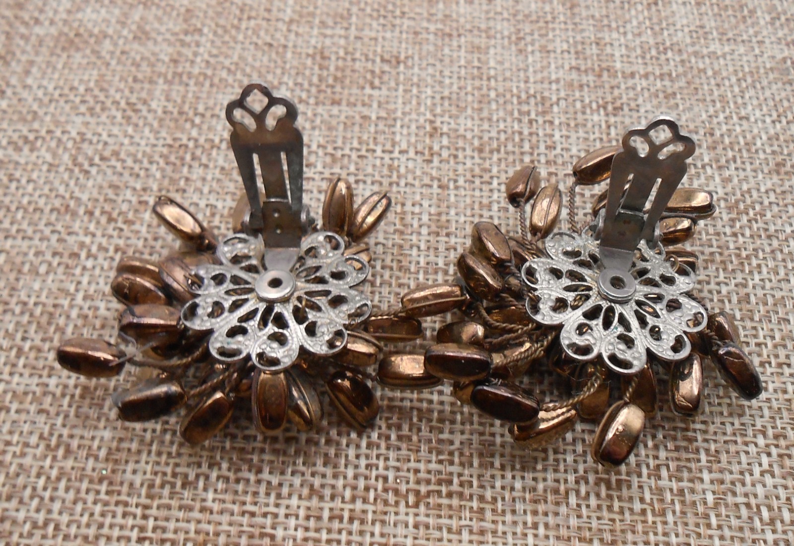 Vintage ALICE CAVINESS Signed Bronze Color Atomic Star Bead Earrings Clip-On E30