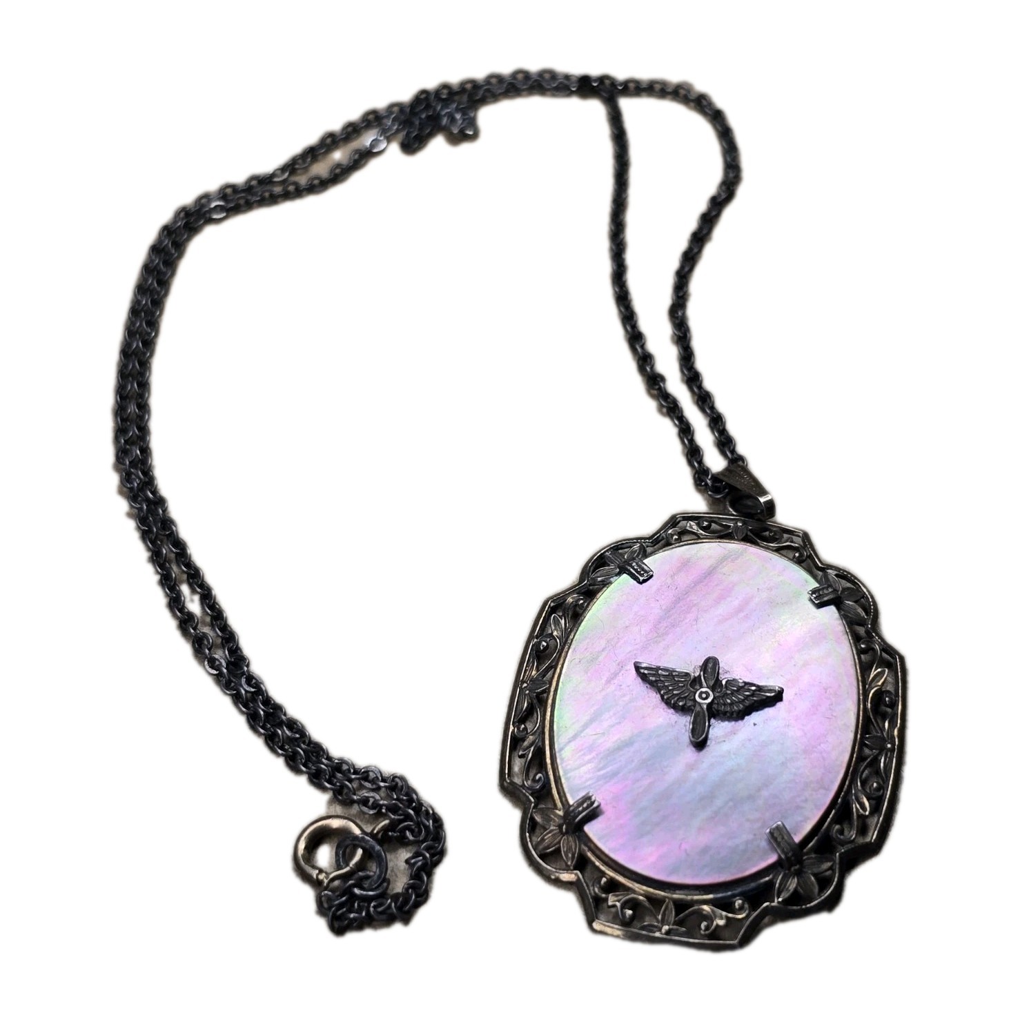STERLING SILVER WW II LOCKET WINGS MOP On ABALONE US ARMY AIR CORP 1.5″ Tall