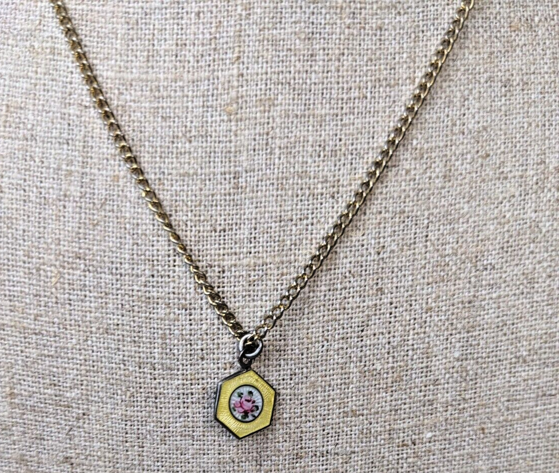 vintage gold tone chain necklace hexagon charm pendant floral silver tone 15″