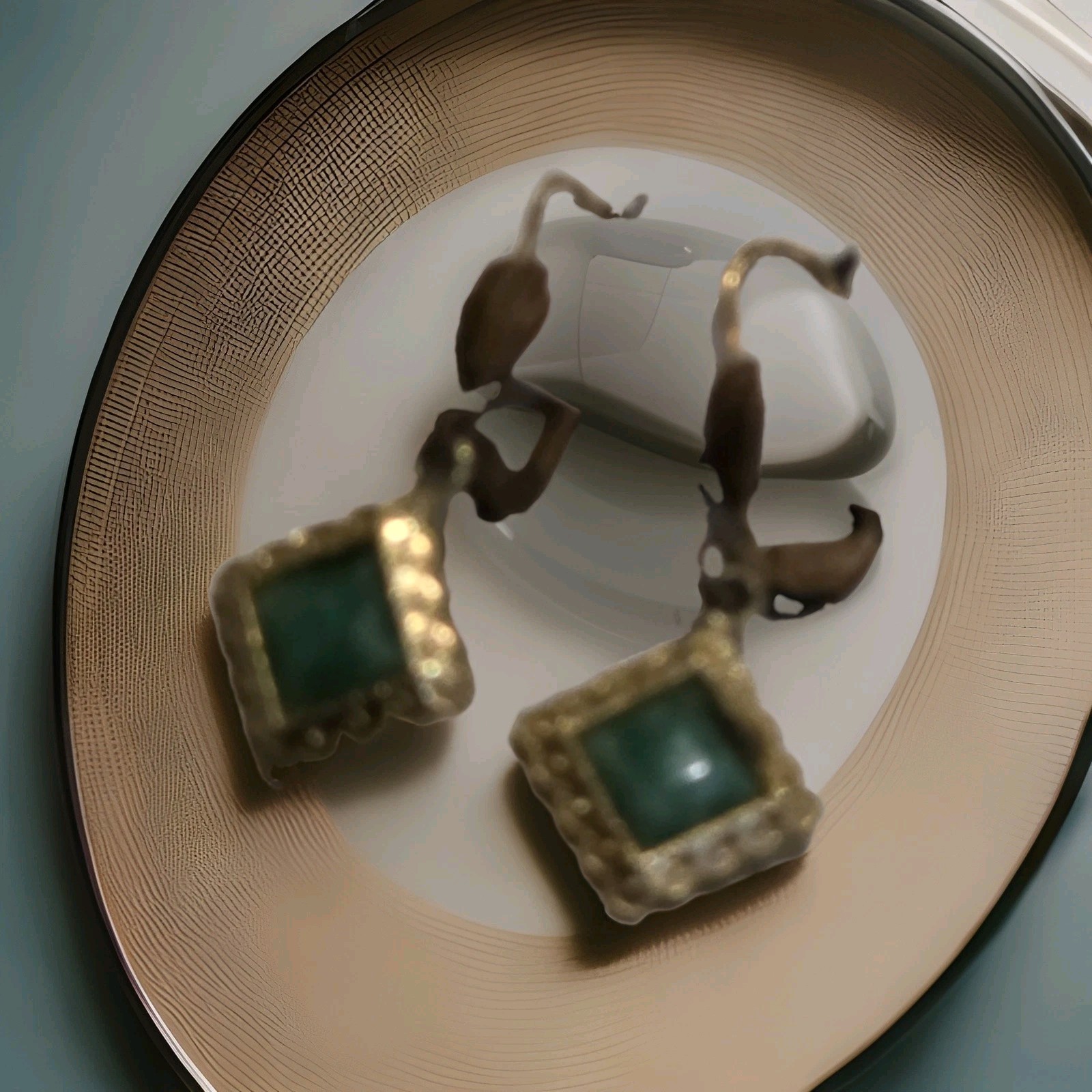 Vintage Goldtone Square Green Jade Dangle Earrings Ornate Beaded Frame Leverback