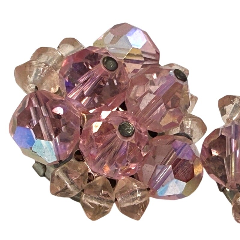 Vintage 1950s Pink Glass Bead Cluster Clip On Earrings Sparkle