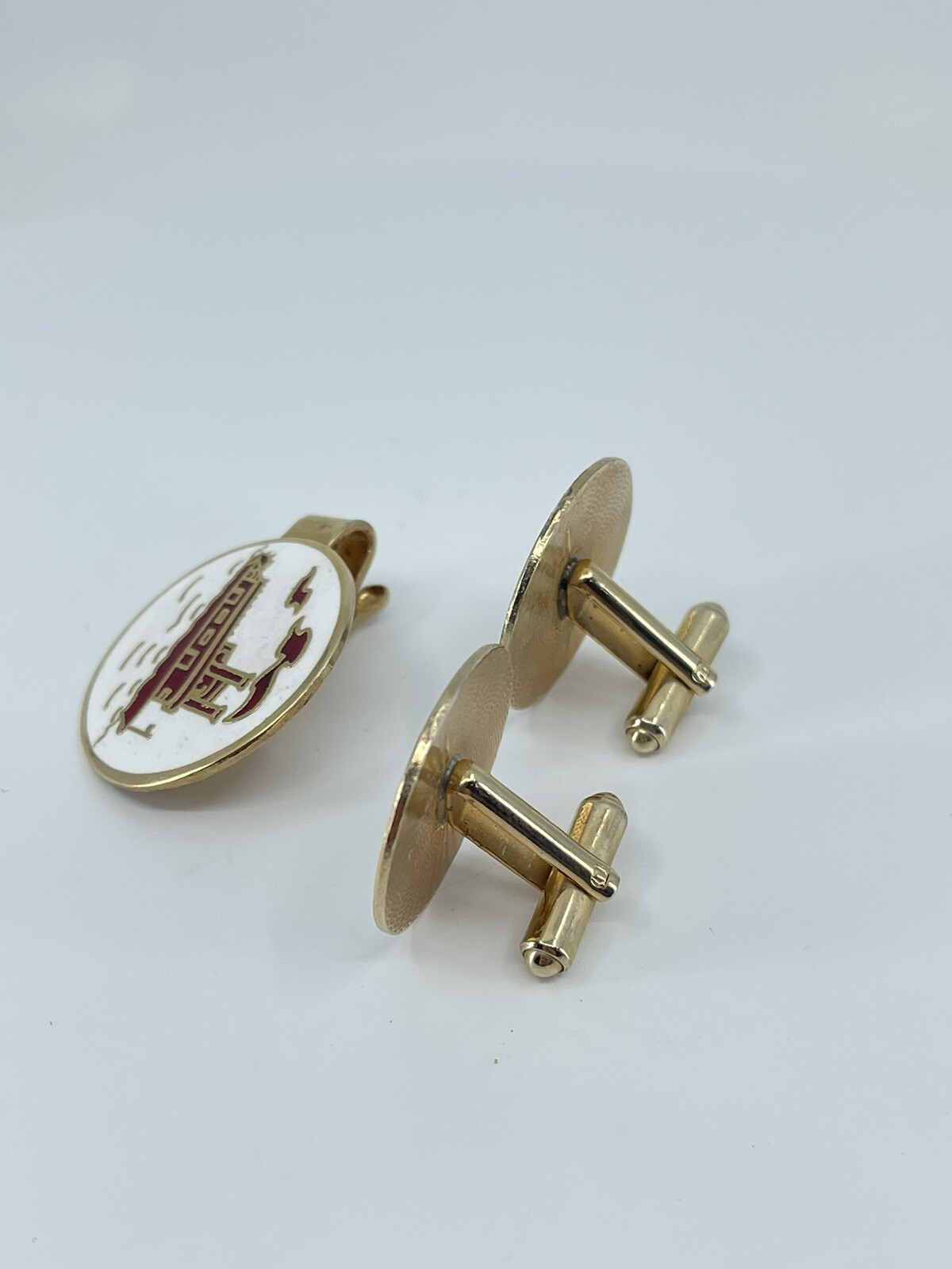 Mr Tara River boat cufflinks and tie clip set red gold white enamel 1″