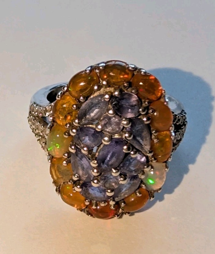 Sterling Silver Ethiopian Welo Opal & Iolite Cluster Ring With White Zircons
