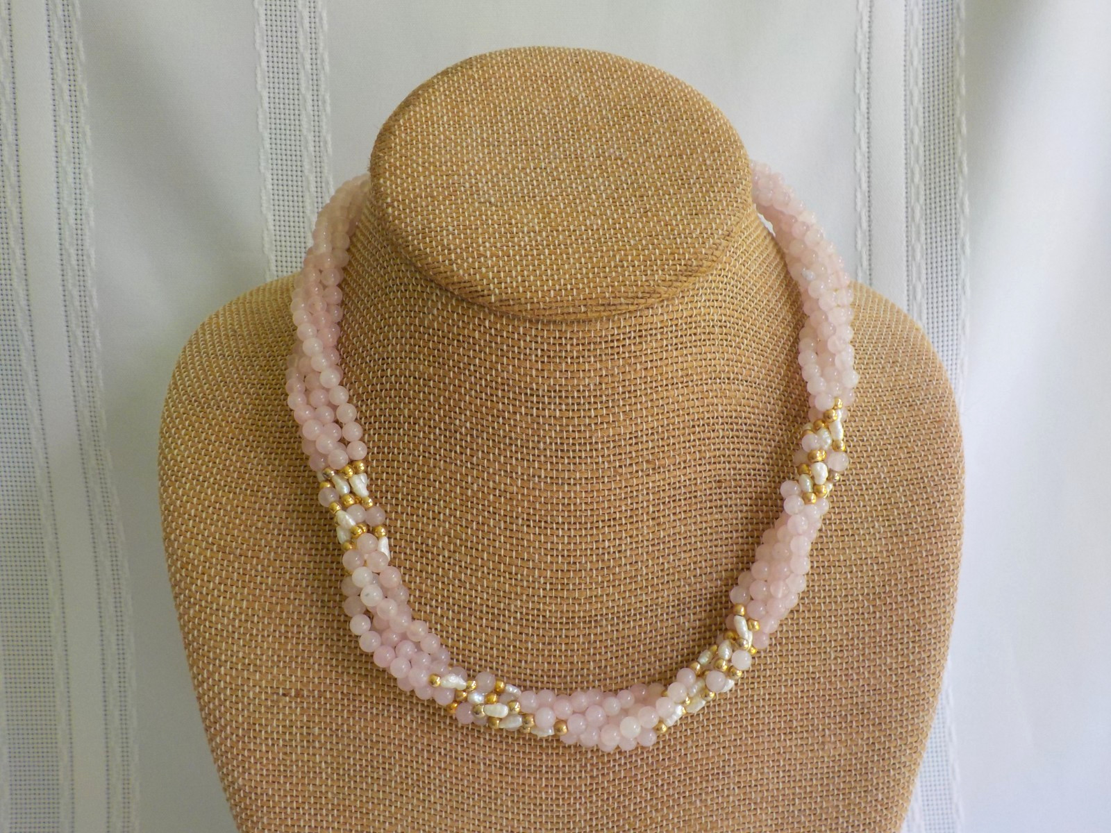 Pink Quartz Rice Pearl Twist Necklace Ball Bead 17″ Long Gold Tone Metal