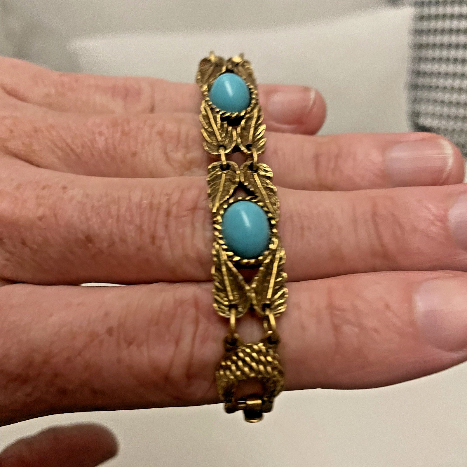Vintage Goldette N.Y. Gold Tone Art Nouveau Bracelet w Faux Turquoise Cabochons