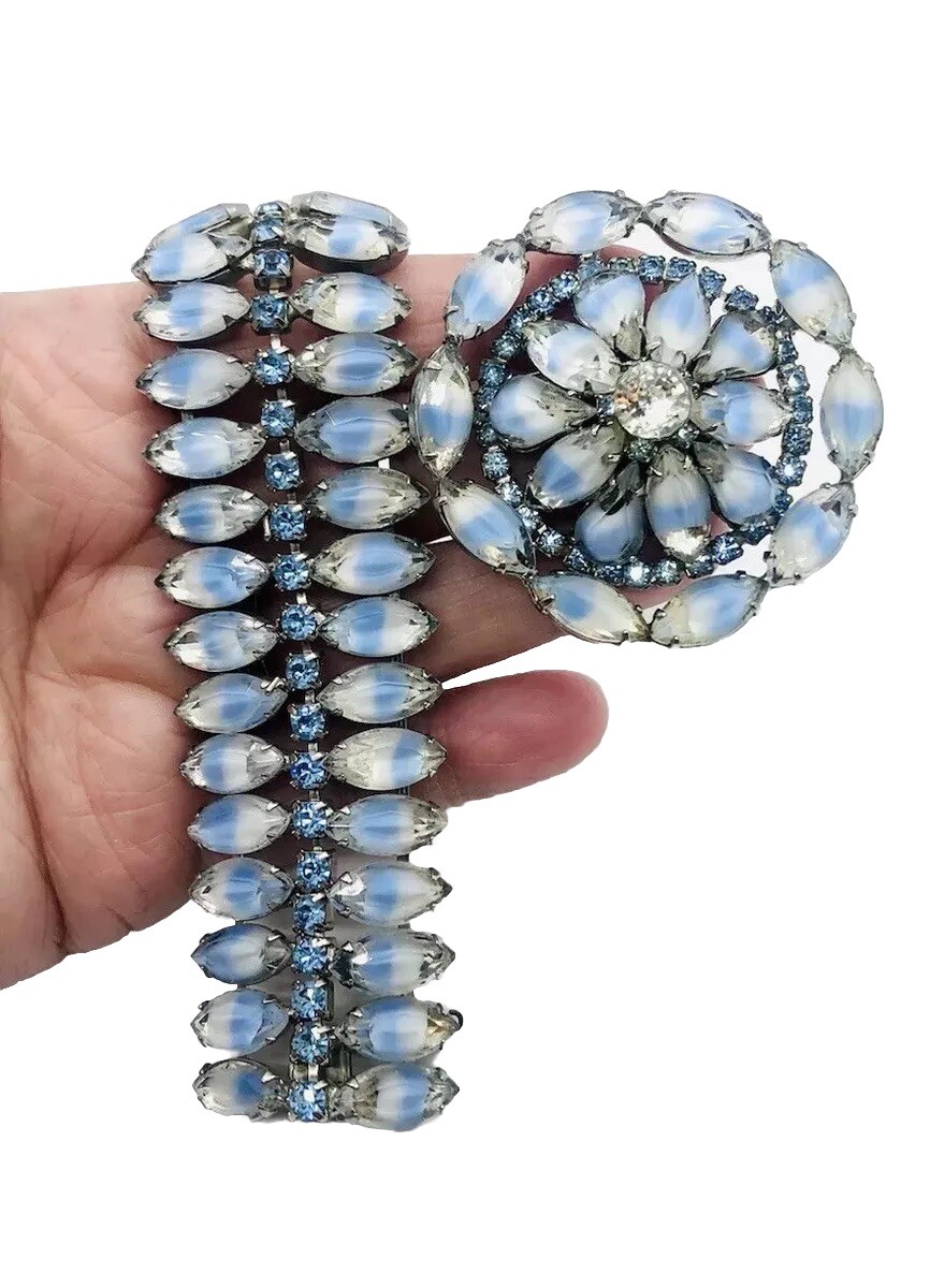 KRAMER NY Wide Givre Rhinestone Bracelet & Brooch Demi Signed Vintage Jewelry