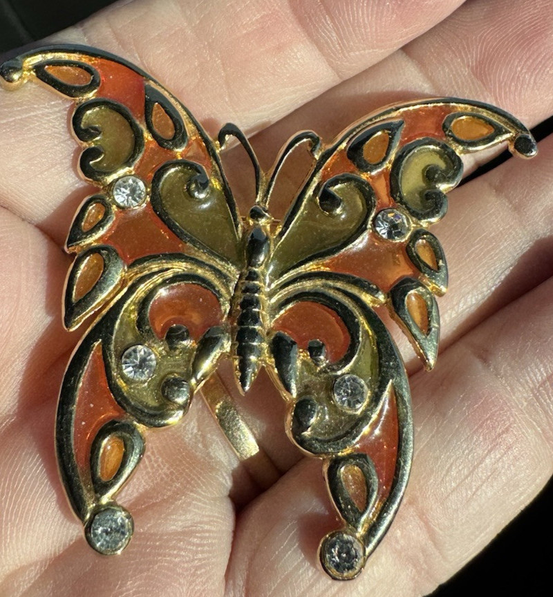 R. Steinmertz SFJ Butterfly Brooch Lapel Pin Goldtone Stained Glass 1970’s