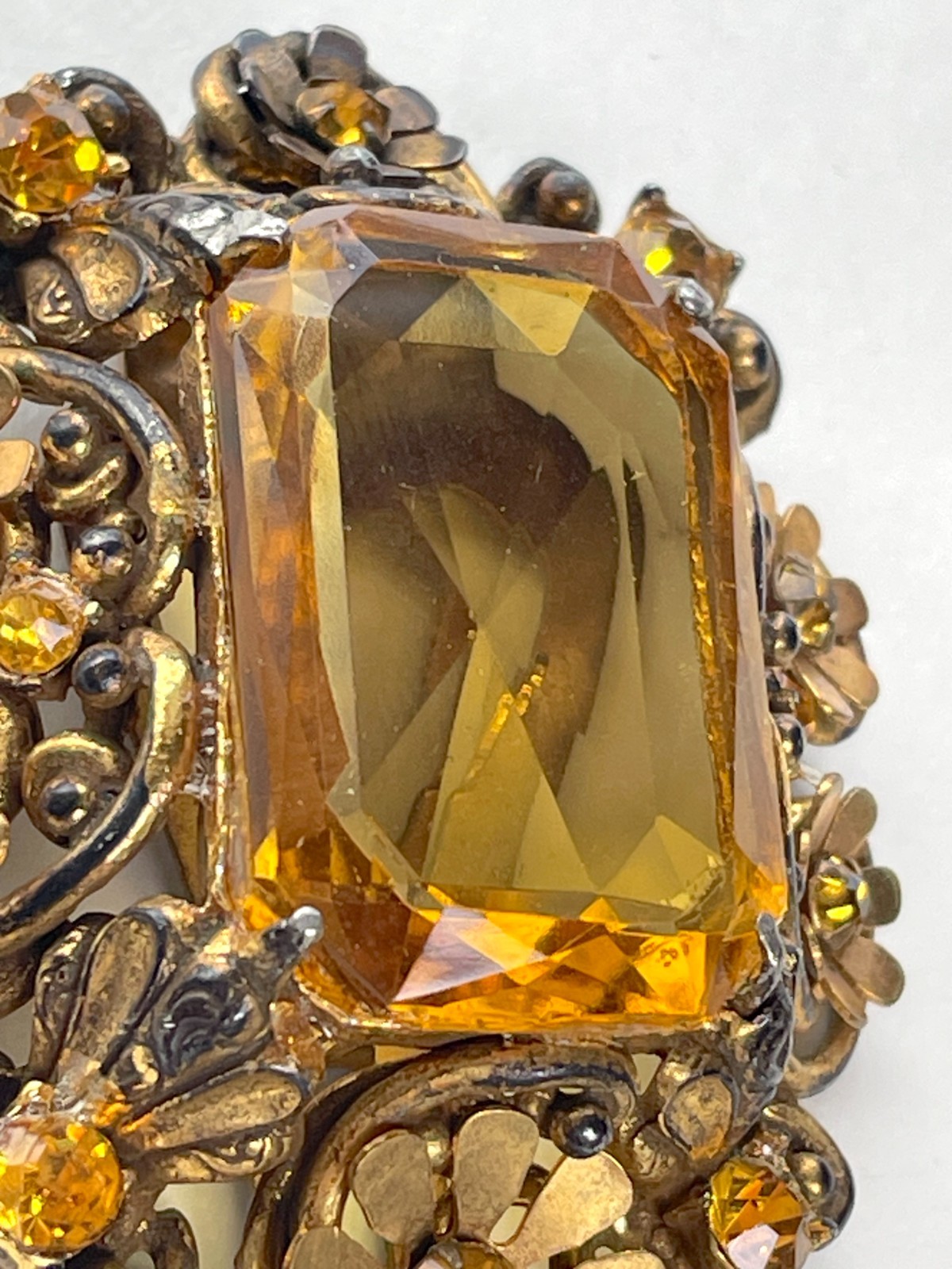 Victorian Clip Brooch | Massive Faux Citrine in Goldtone Metal – Astonishing!