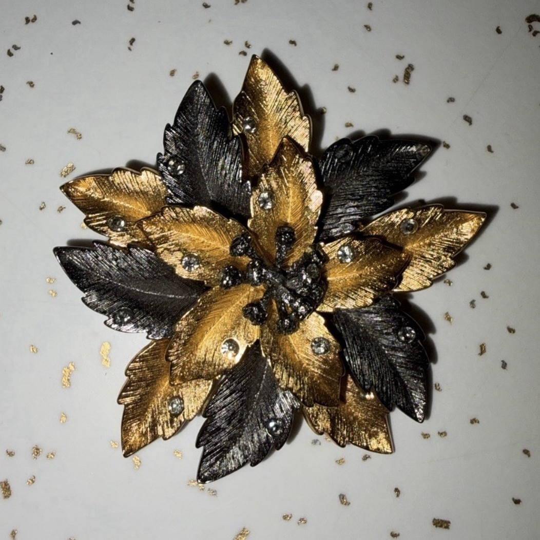 Vintage Joan Rivers Florentine Gold & Black Cactus Flower Brooch Pin