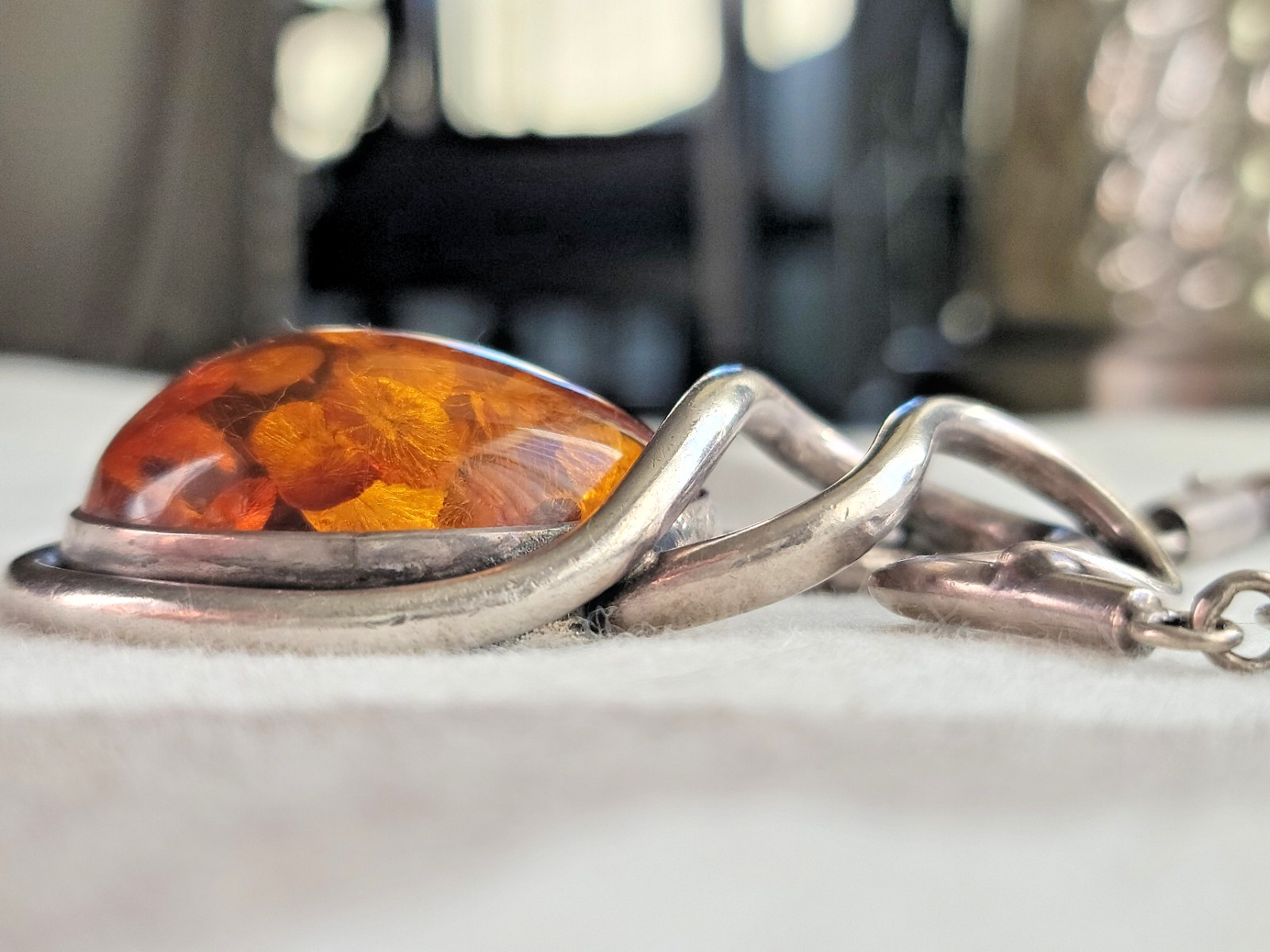 Statement Piece-925 Sterling & LARGE Baltic Amber Cabochon Leather Cord Necklace