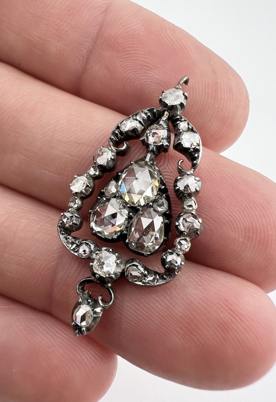Antique Georgian Gold & Silver Rose Cut Diamond Cluster Dangle Pendant