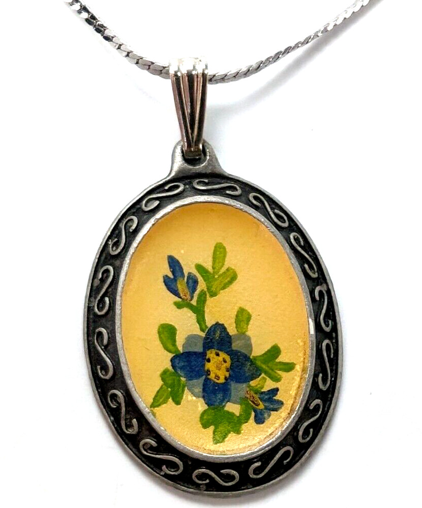 Vintage Blue Flower Pewter Pendant Chain Necklace 30″