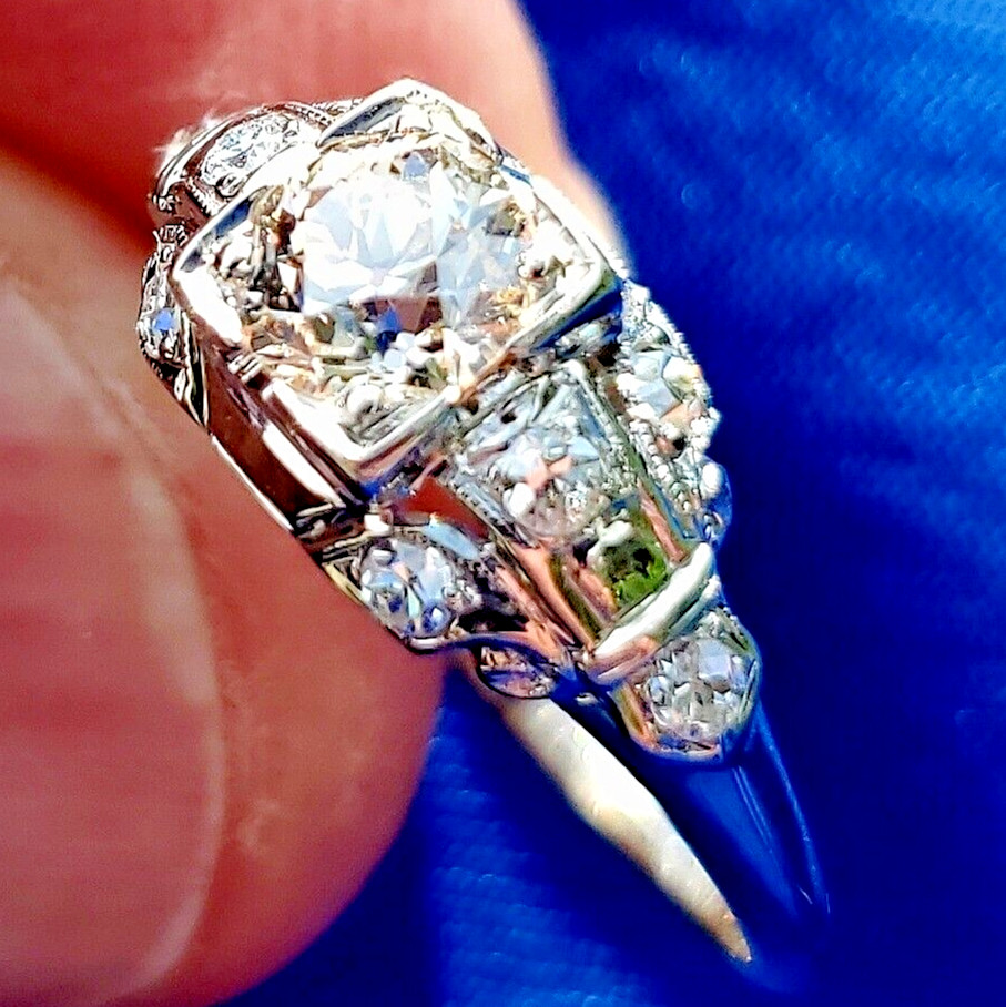Original EARTH MINED DIAMOND ART Deco Engagement Ring SOLID 18K GOLD Solitaire 7