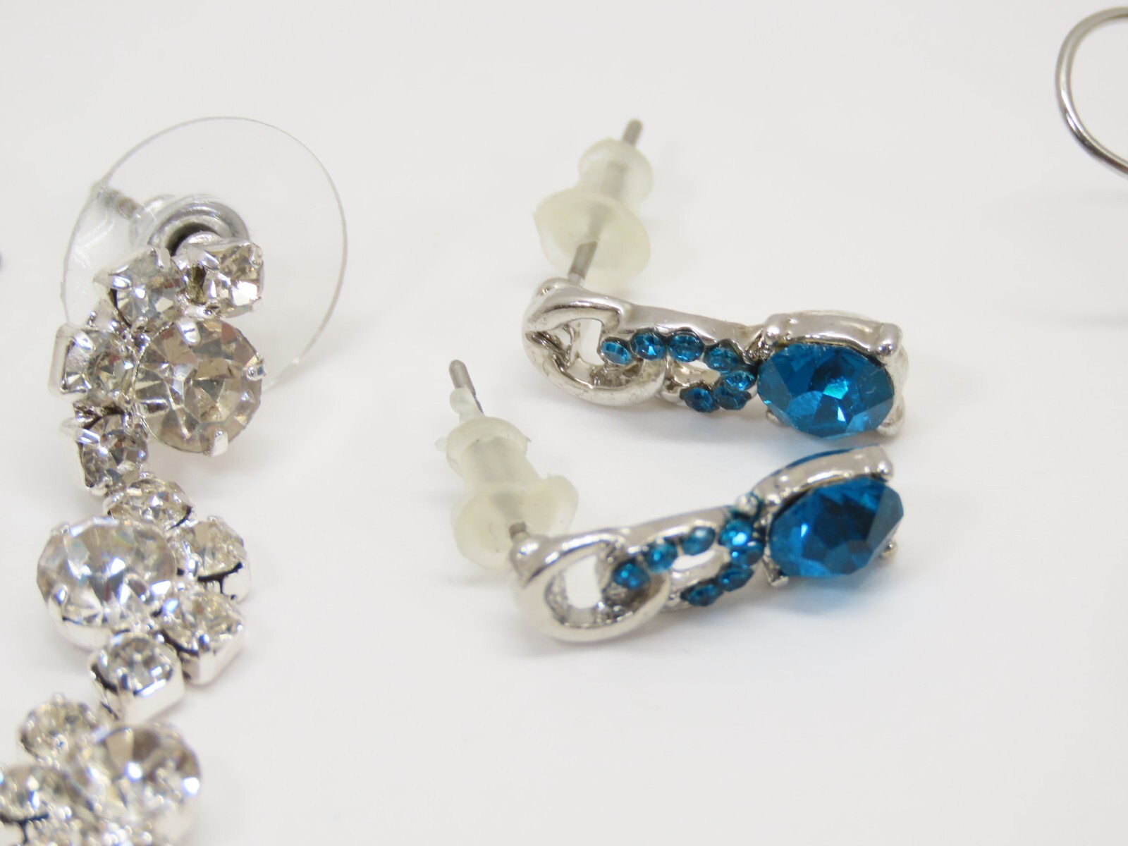 VTG Dangle Earrings Lot Pierced 1 Clip Silver Tone Blue Clear Rhinestones D2115