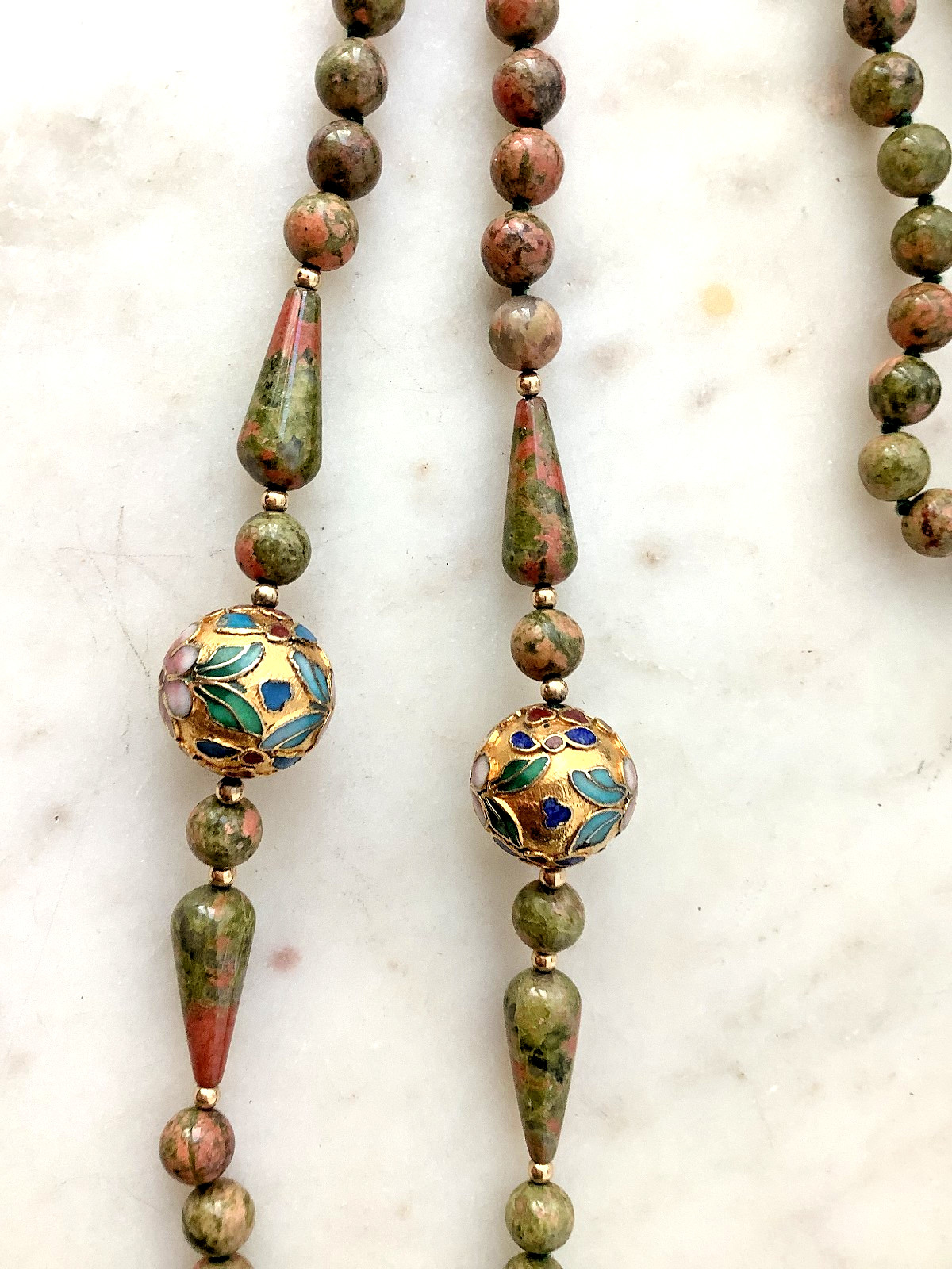 Vintage Beaded Necklace Chinese Champleve Cloisonne Jasper Opera Length 30″