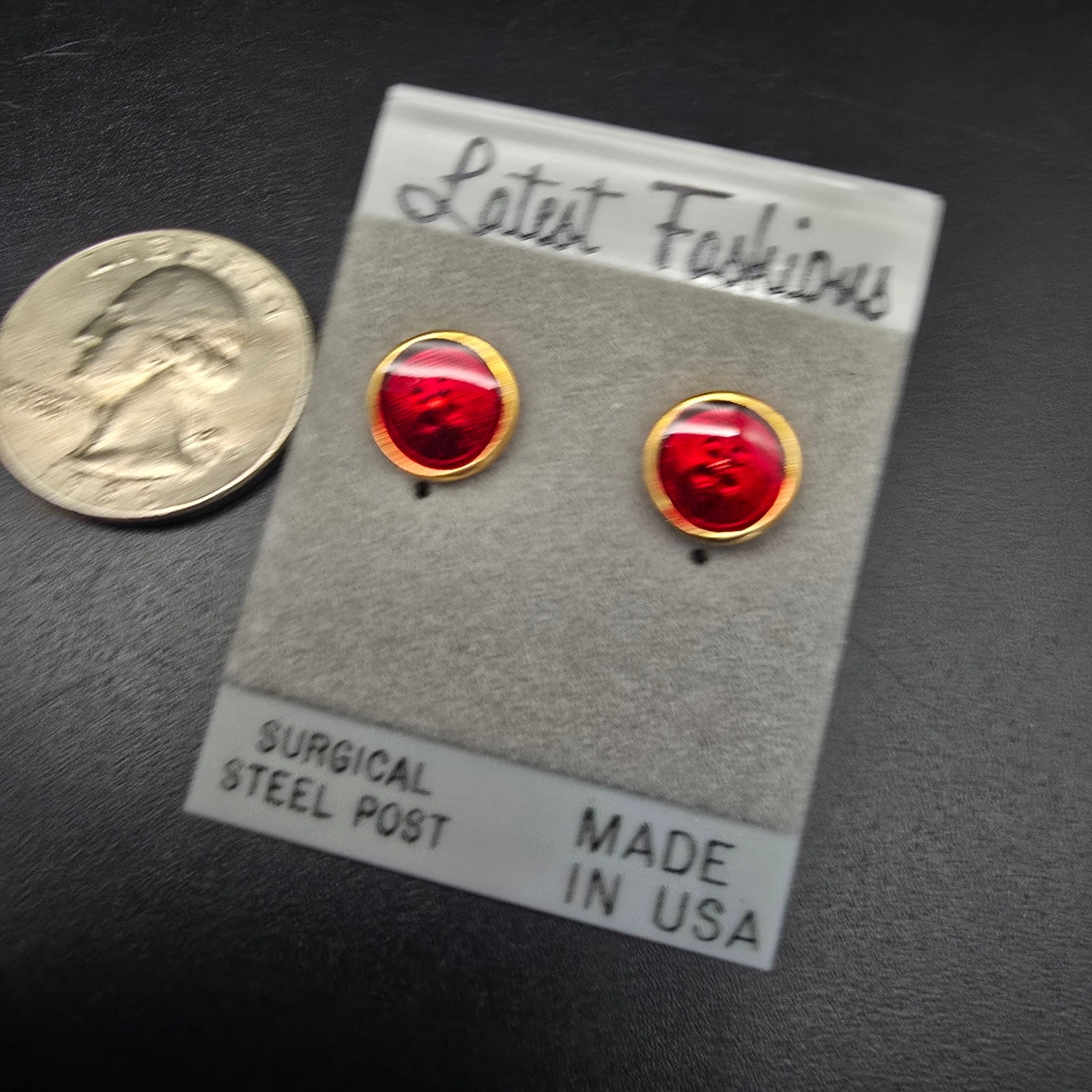 Red Enamel Button Stud Earrings Pierced Vintage 1980s 1990s NOS On Card