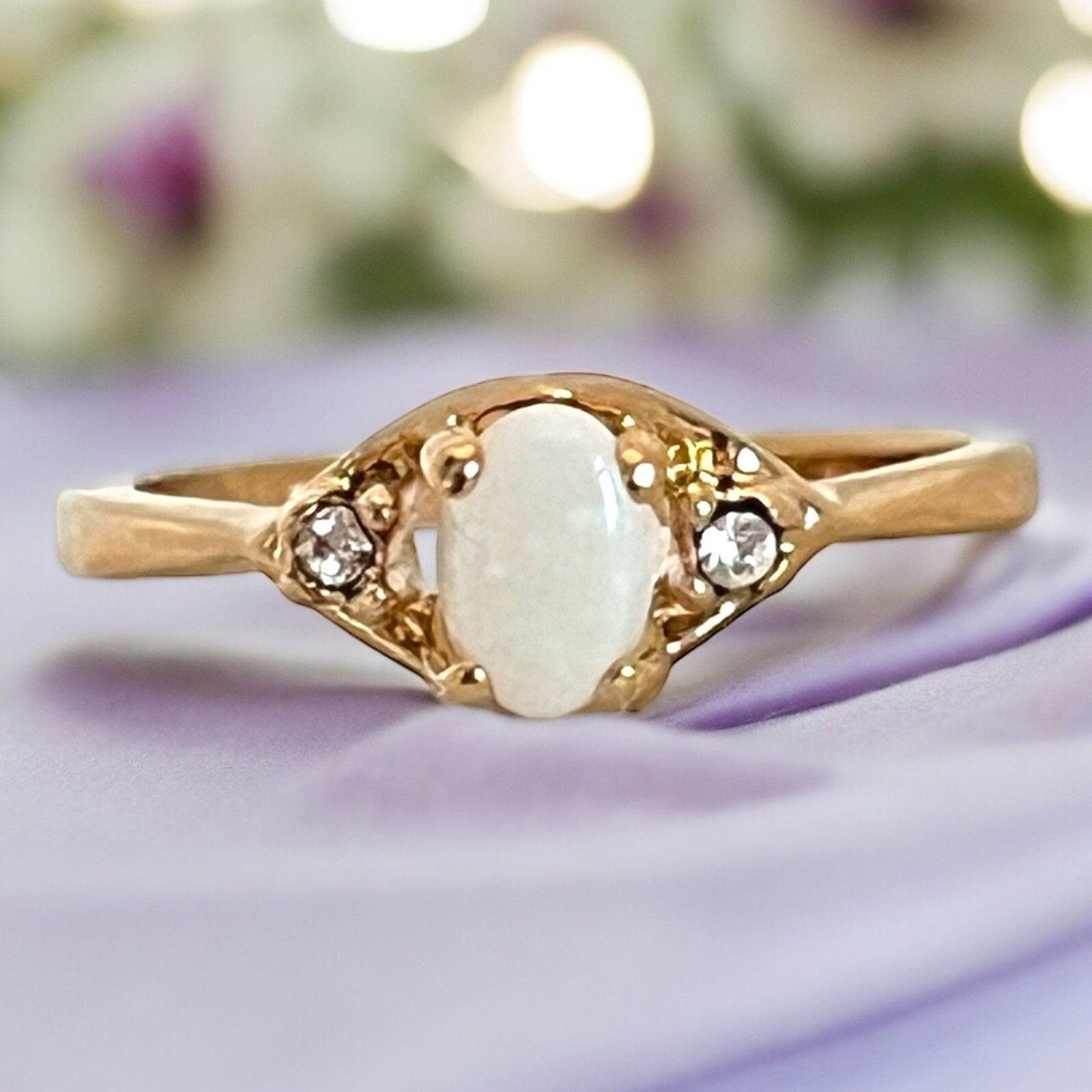 Vintage 1970s Uncas Opal Ring Size 7 14K Gold Plate Austrian Crystal -14M