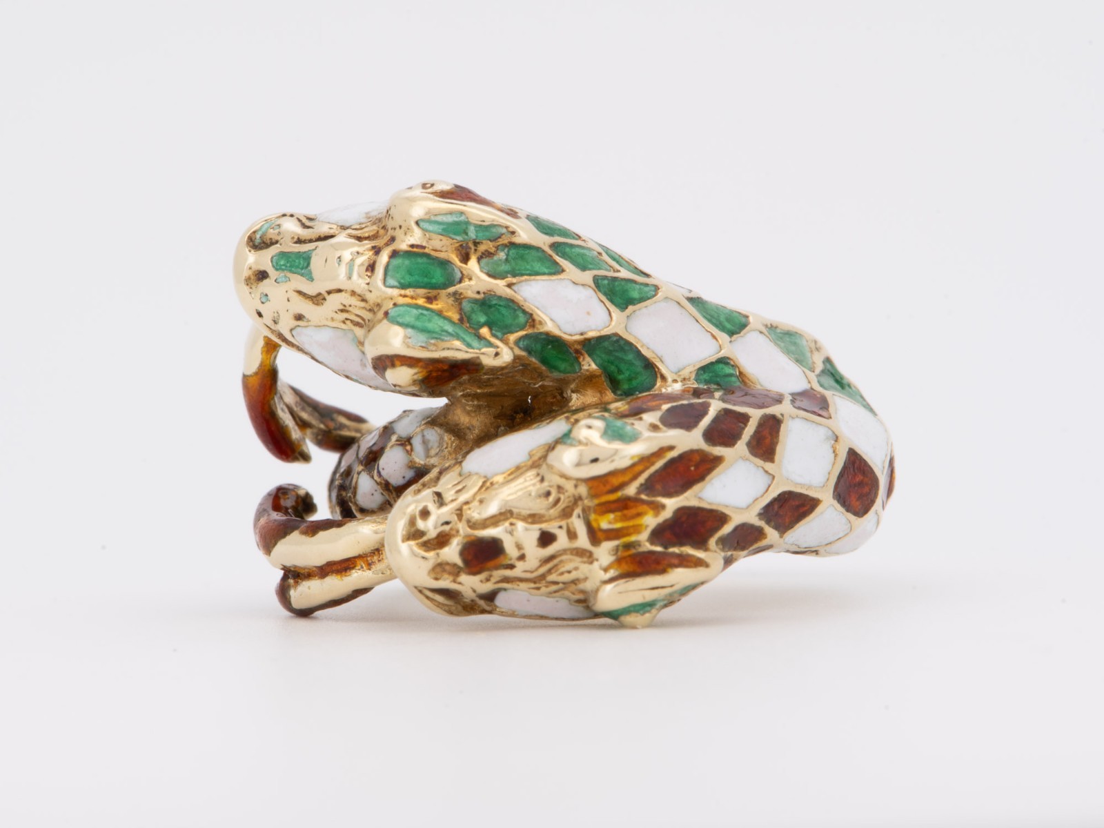 14K Gold Double Head Serpent Snake Ring with Enamel Tongue Heavy V1236