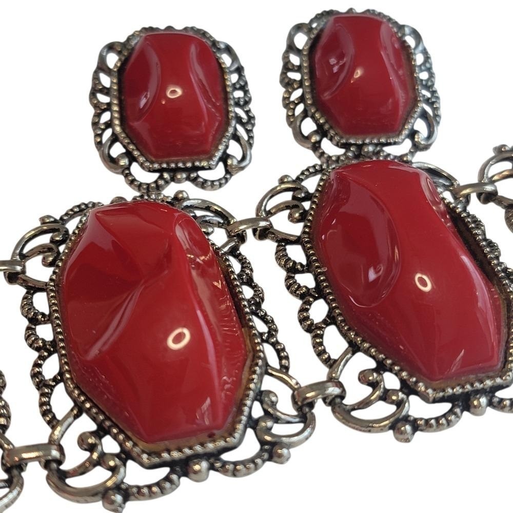 Vintage Red Cabochon Panel Bracelet & Clip Earrings Set Silver Tone Filigree