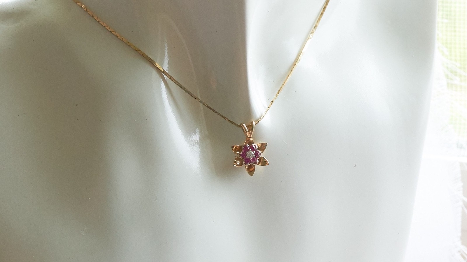 14K Solid Yellow White Gold Ruby Diamond Flower Pendant Necklace, Lab Ruby