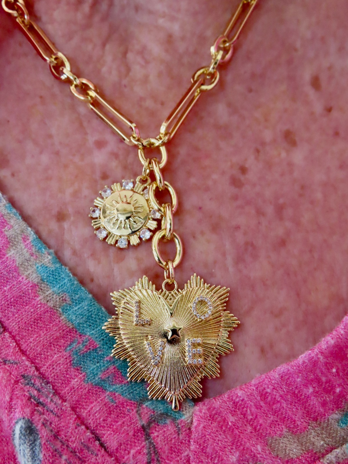 New Sophisticated Gold Tone Necklace w/Two Charms Including LOVE