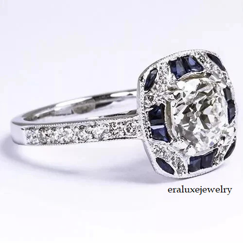 Art Deco Style Lab Created Diamond & Sapphire Engagement 14K White Gold FN Ring