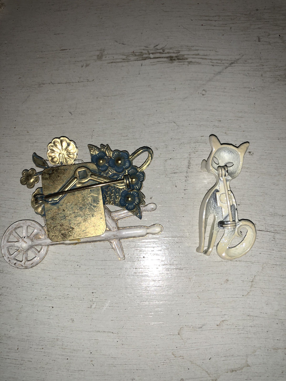 Two Vintage Brooches Flower Wheelbarrow & Iridescent White Cat Beautiful Pins