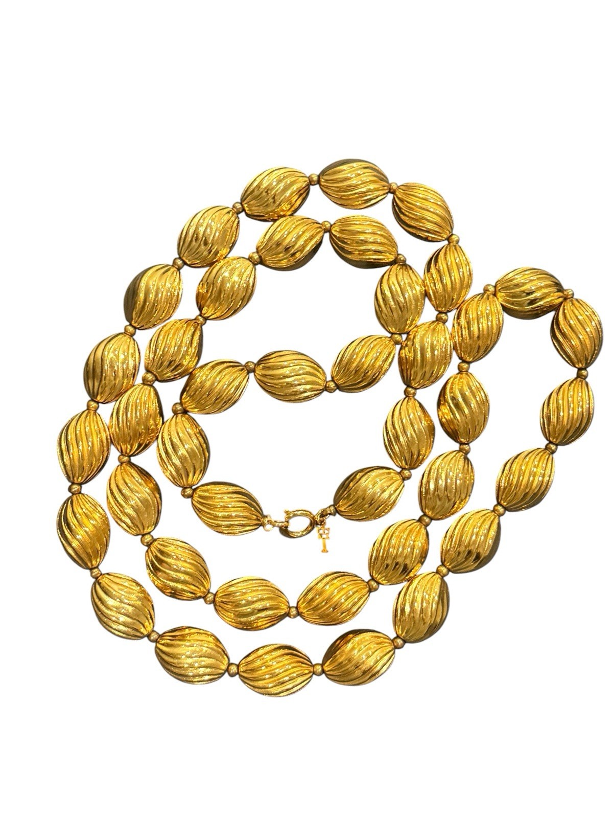 Signed Crown Trifari Vintage Gold Tone Ribbed Oval Bead Opera Long Necklace
