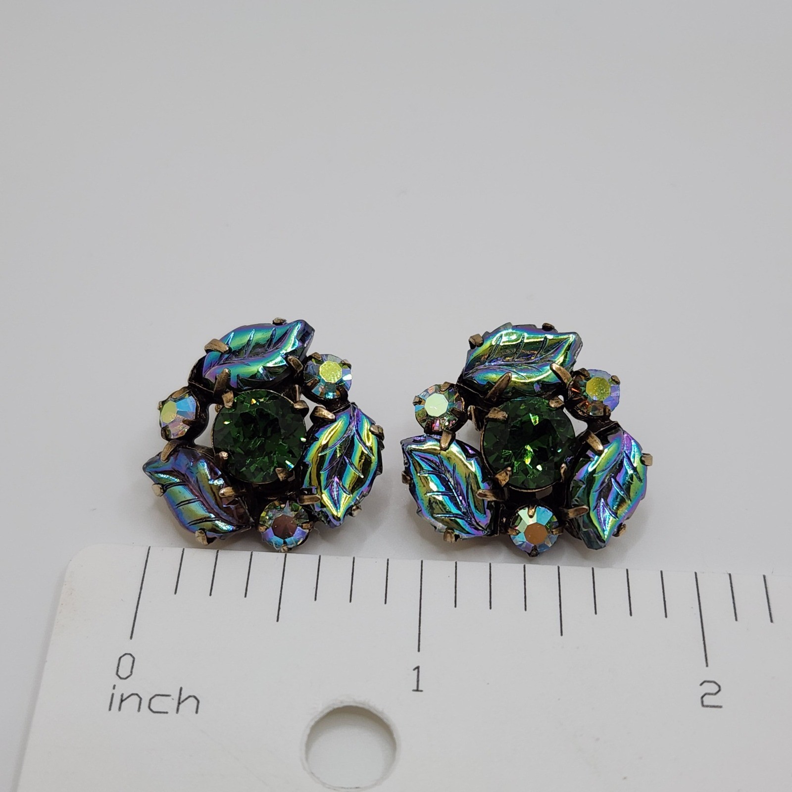 Vintage Regency Unsigned Green Rhinestone AB Molded Glass Leaf Clip On Earrings