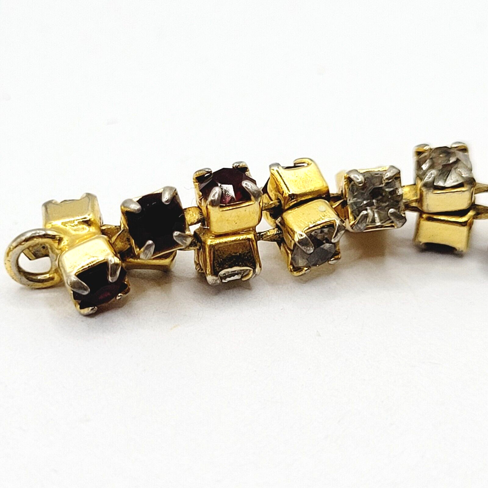 Unique Slightly Brutalist Style Gold Plated Bracelet Red White Rhinestone 7.5 In