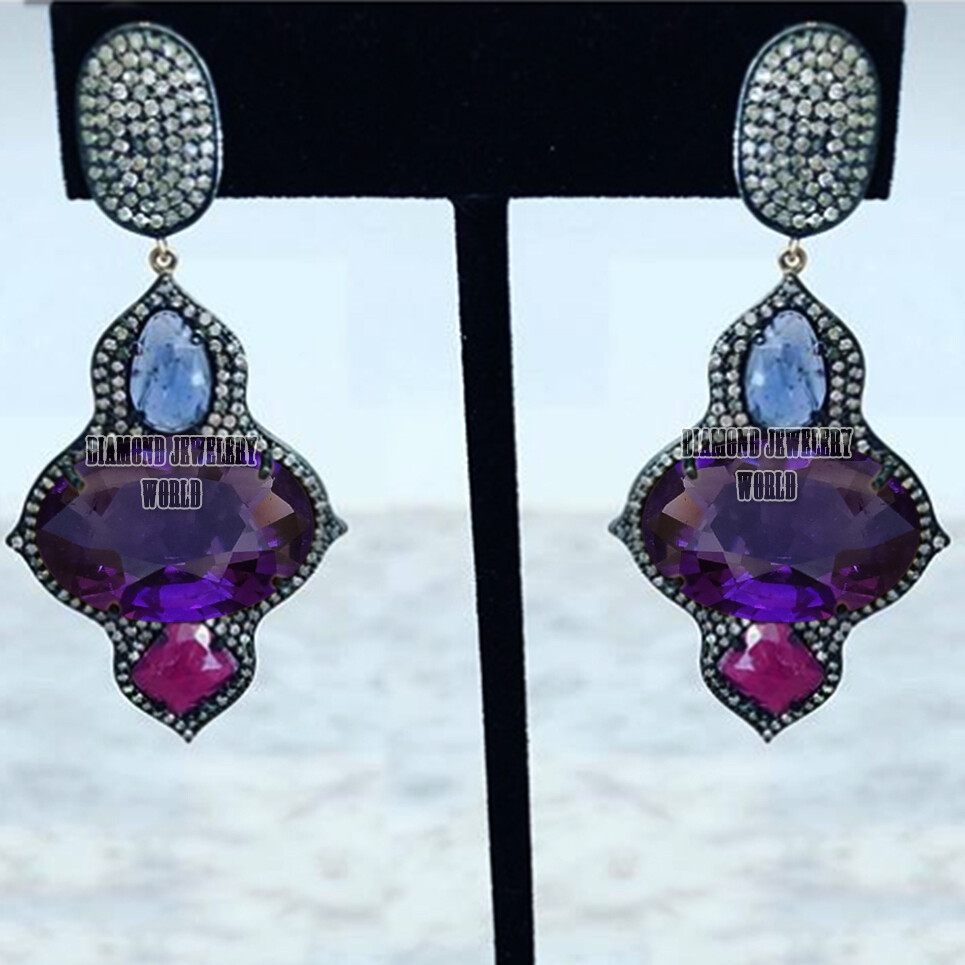 Amazing 2.55ctw Rose Cut Diamond Gemstone Studded Silver Vintage Earring Jewelry