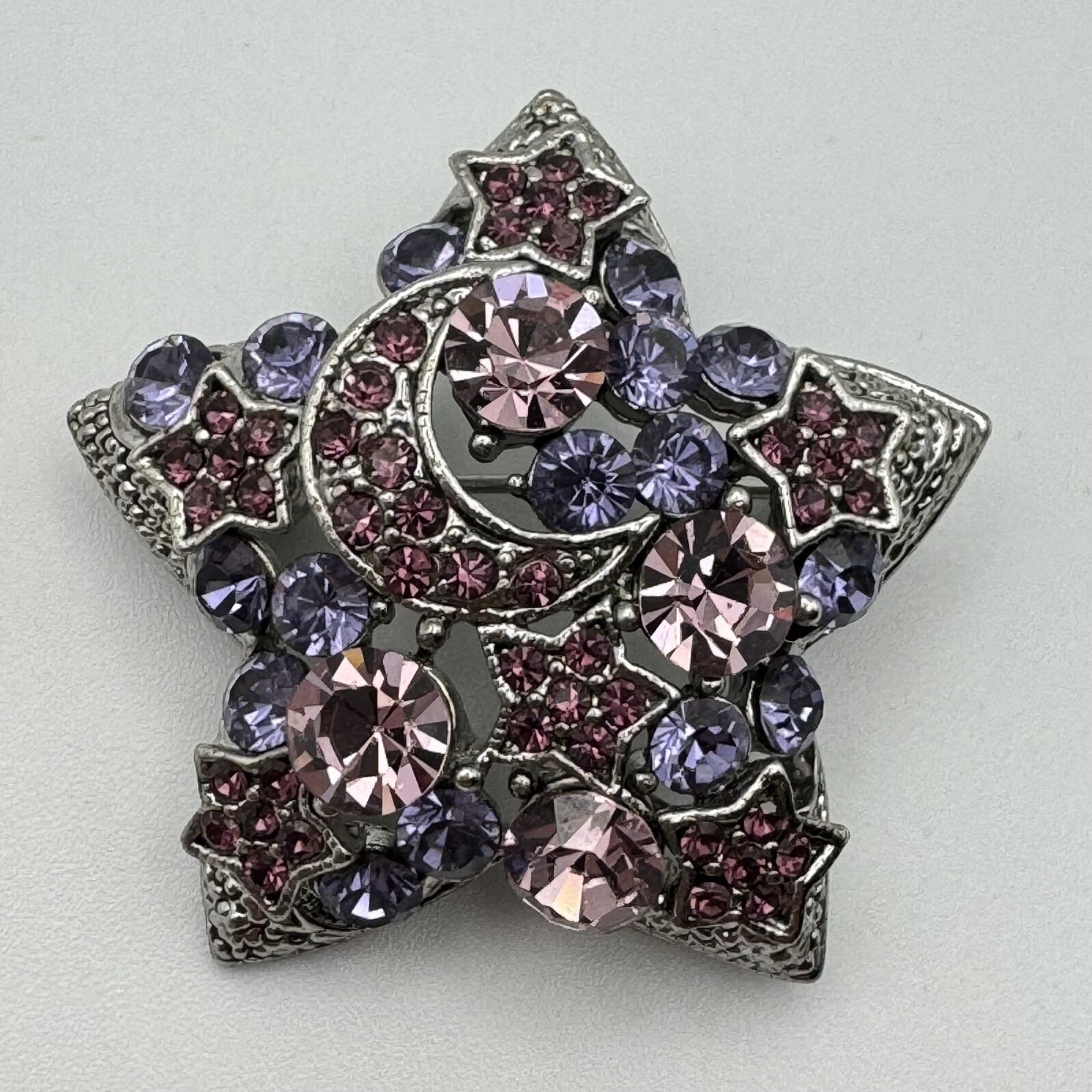 Stars Crescent Moon Purple Rhinestone Silvertone Brooch Pin