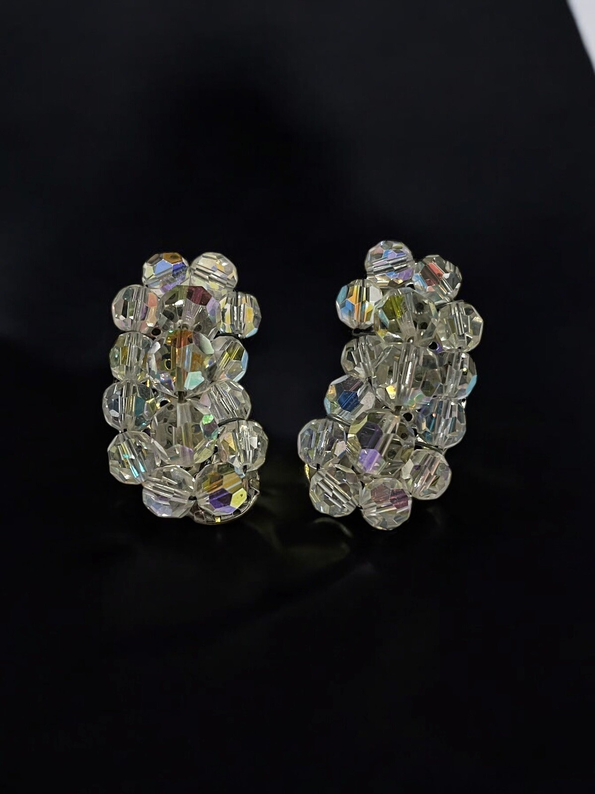 Vintage Climber Aurora Borealis Cluster Clear Clip On Earrings Mid Century