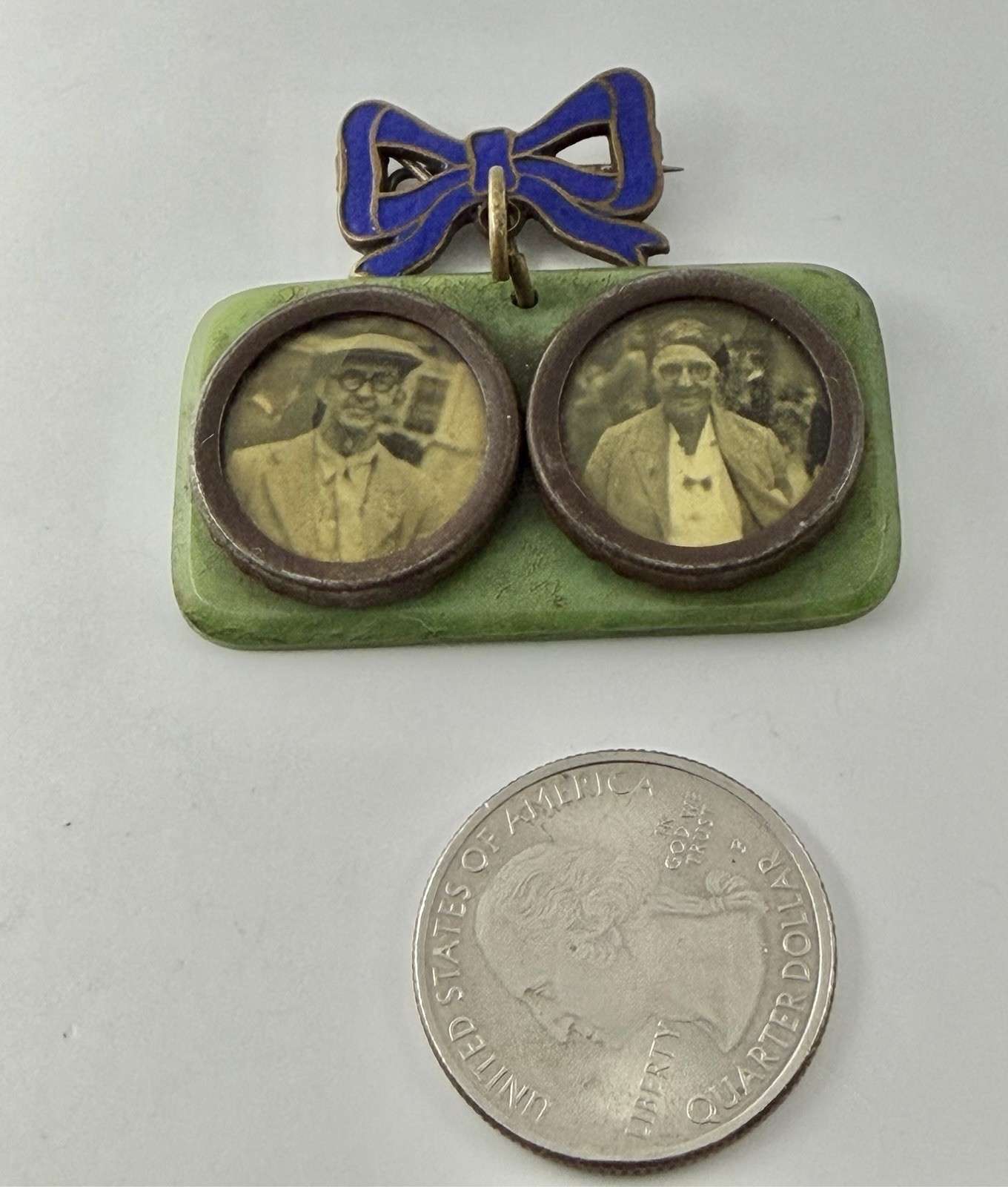 Antique Blue Enamel Ribbon Pin Double Photo Momento Mori Mourning Brooch