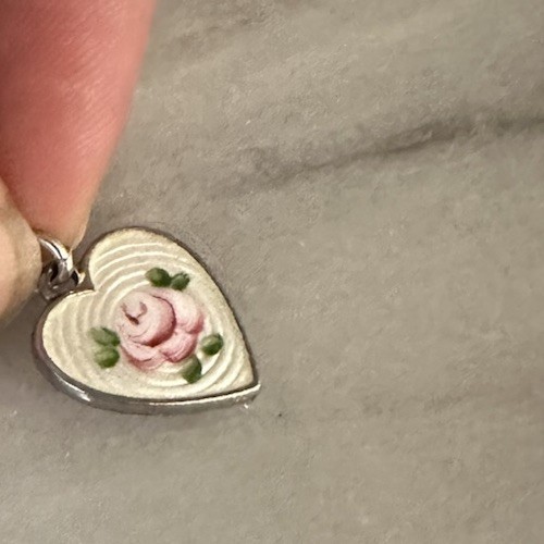Victorian Era Sterling Silver & Guilloche Enamel Pink Rose Heart Charm