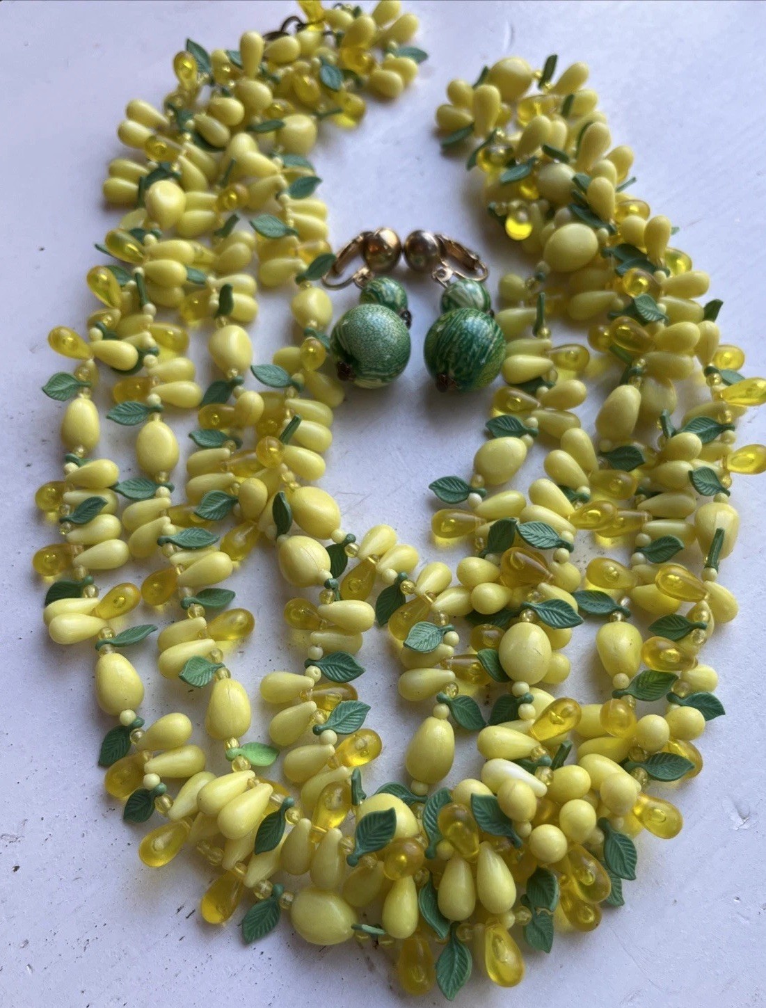 Vintage 2 Strand Tutti Fruity Lemon Necklace Czech Dangle Drop Clip Earrings Set