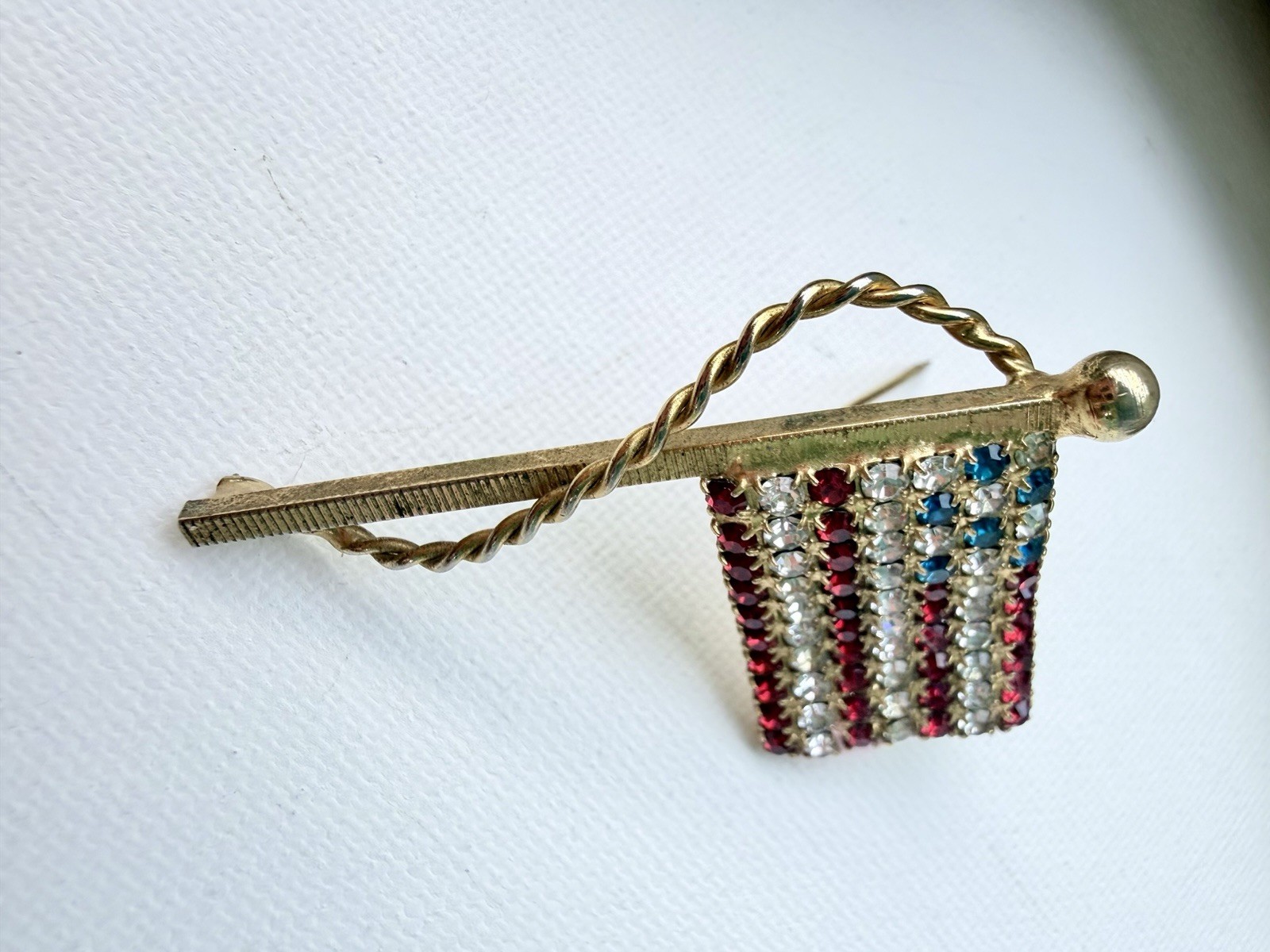 Vintage Patriotic Rhinestone Flag Brooch & Red White Blue Clip-On Earrings Set