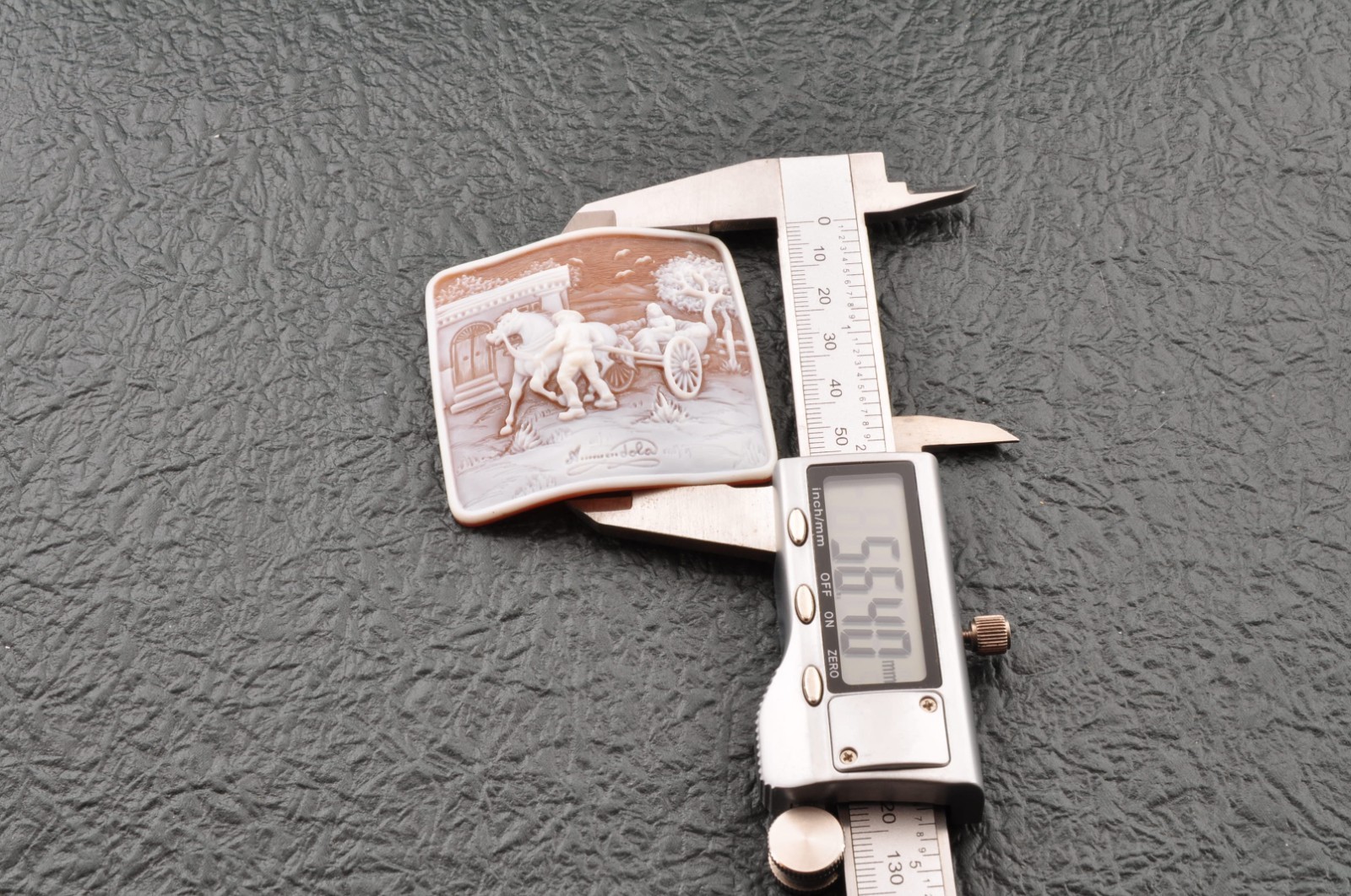 Vintage square shell cameo, carved “Women going out”, (74.5ct) sign by artist.