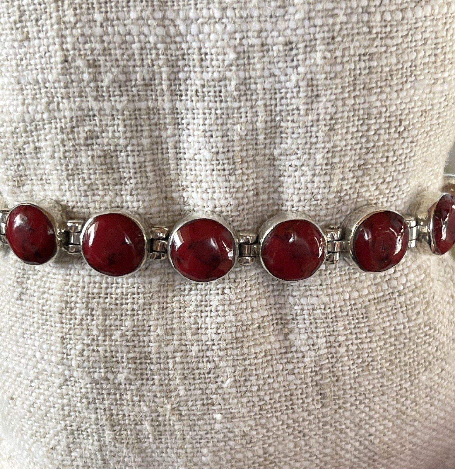 Vintage Sterling Silver Taxco Mexico 950 Red Jasper Hinged Links Bracelet 30g 7”