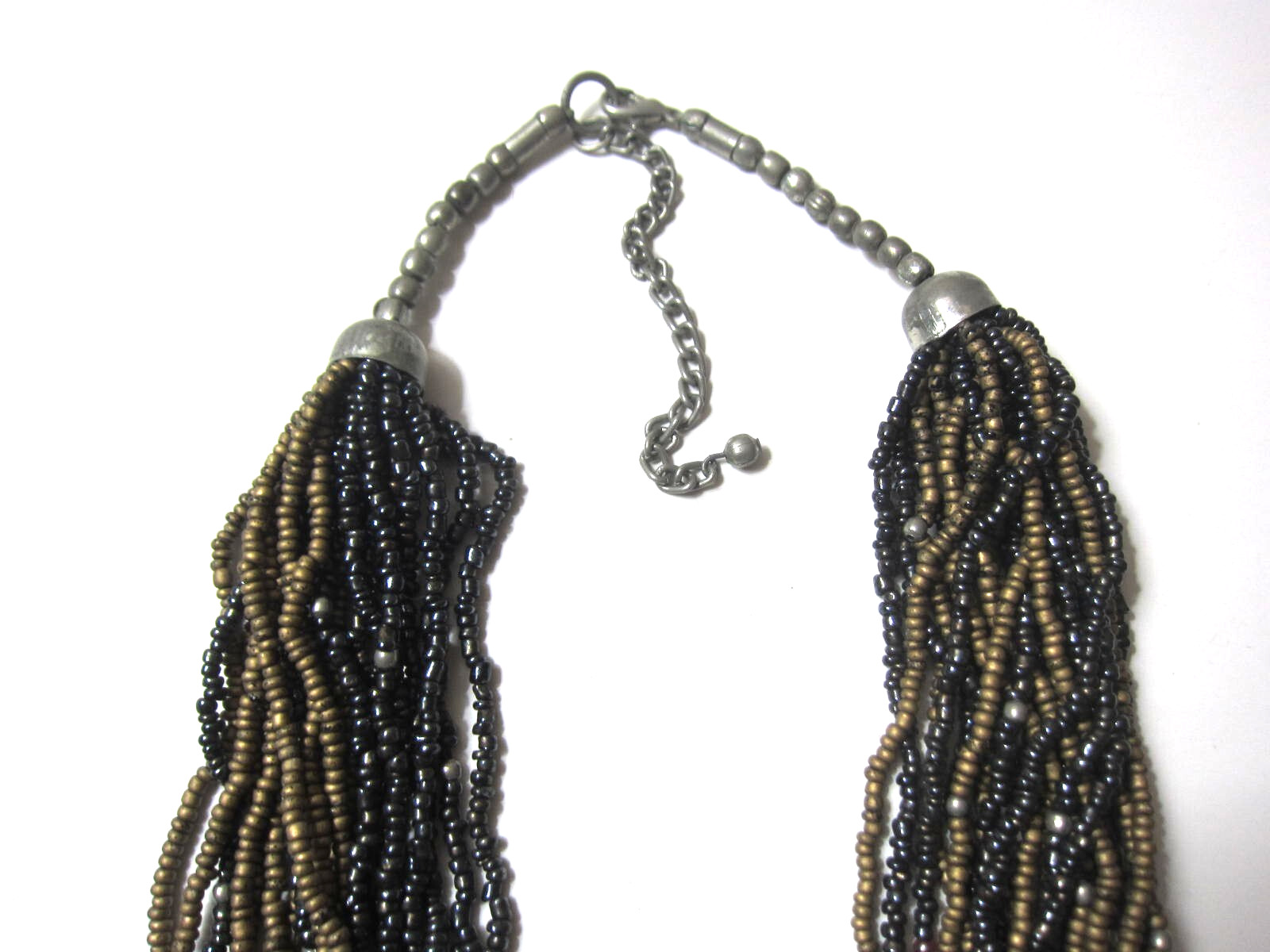 Vintage 80’s Multi Strand Matte and Brown Gold Tone Wood Horn Necklace 12 in