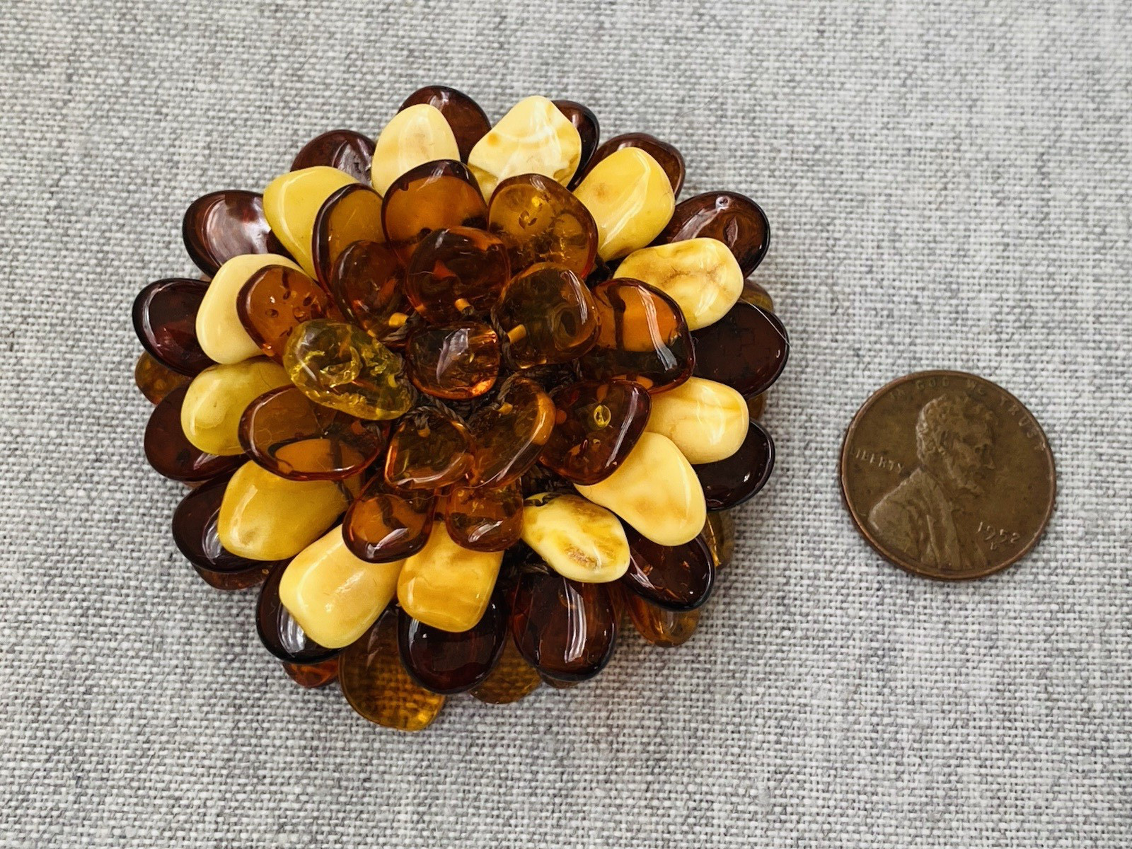 Baltic Amber Honey Butterscotch Cognac Beaded Flower Brooch or Pendent