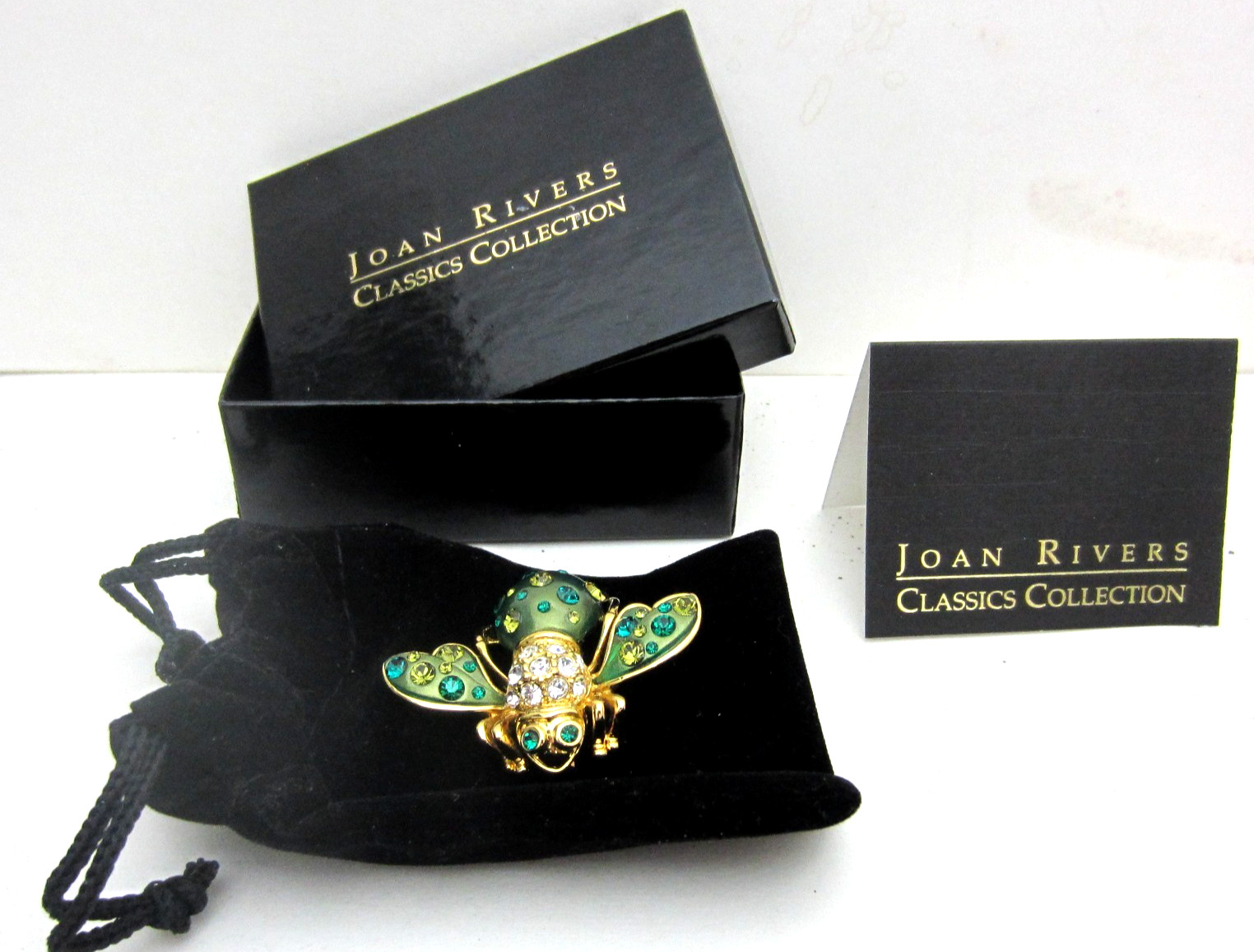 New, Vintage Joan Rivers Cosmic Bee Pin Green Crystal Enameled Gold Jewelry