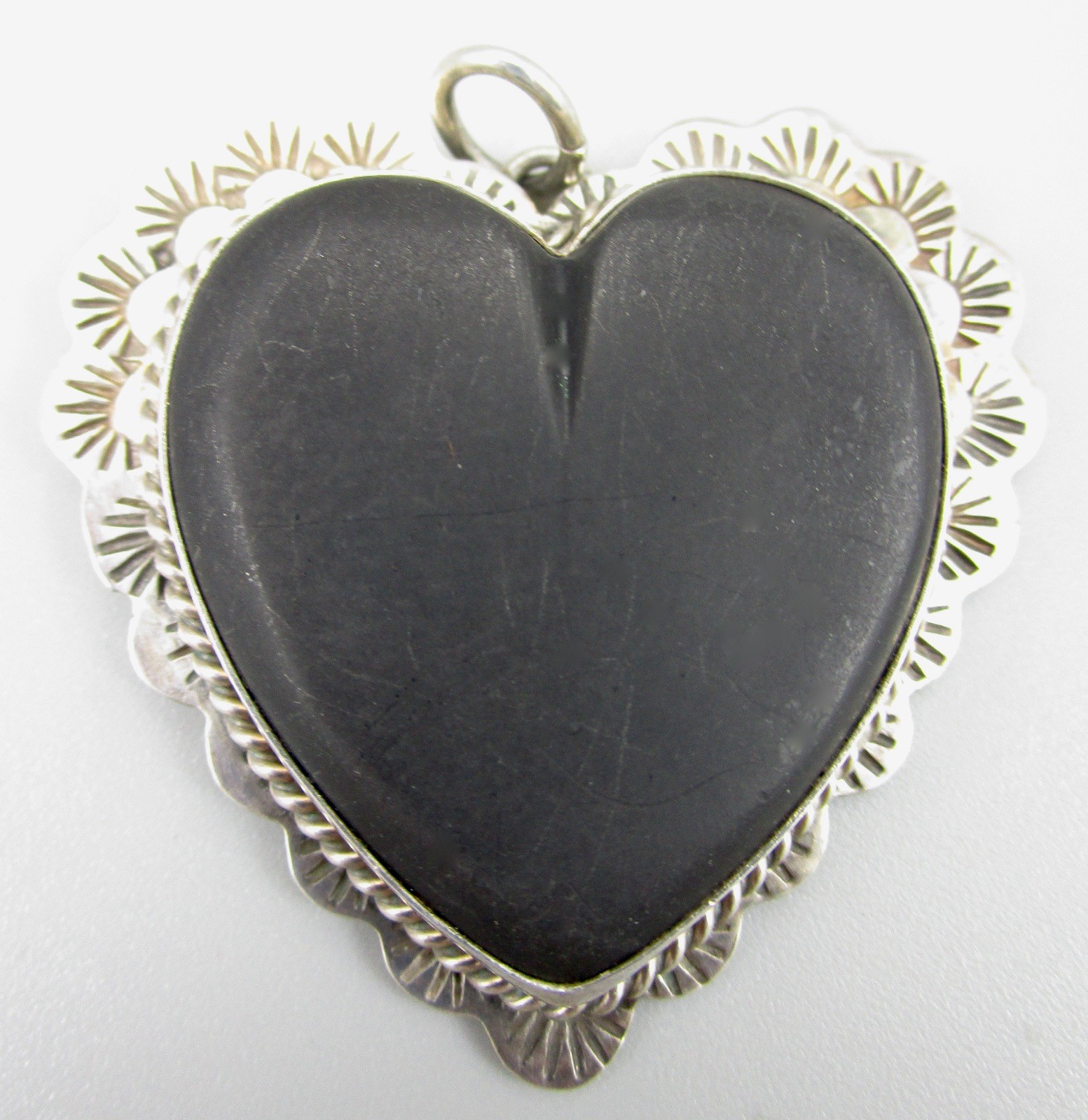 LOVELY 1 5/8″ JOAN SLIFKA STERLING BLACK ONYX DOUBLE SIDED HEART PENDANT