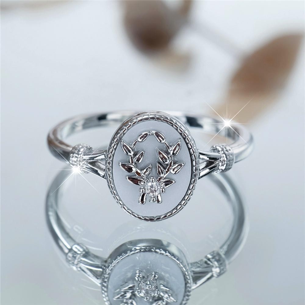 Vintage Gold Silver Oval Leaf Ring White Enamel Stone Women Wedding Jewelry Gift
