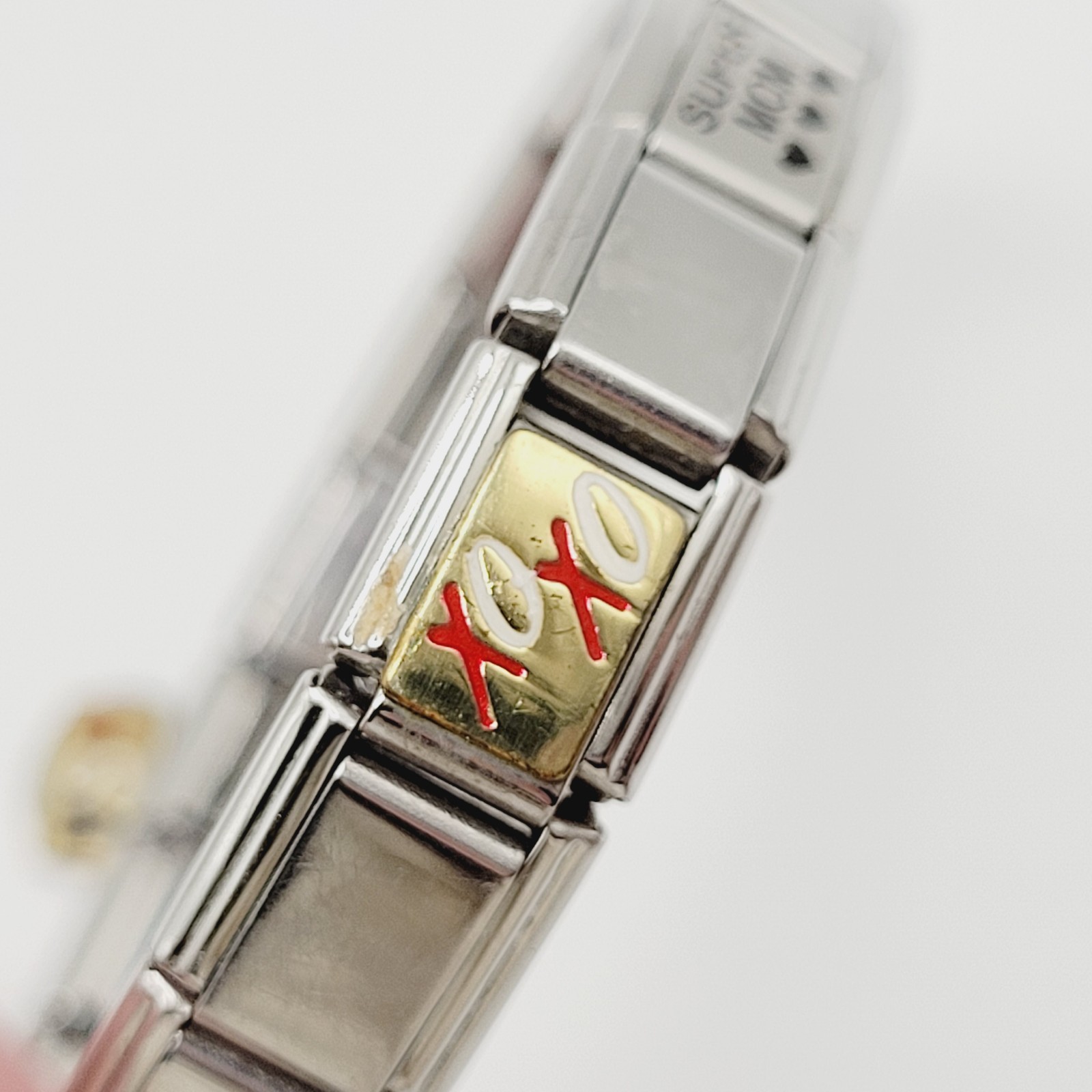 Vintage Italian Style Modular Stainless Steel Charm Bracelet w Mom USA Flag Dog