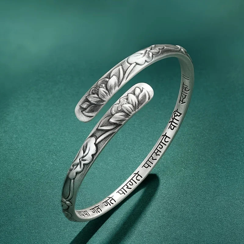 Vintage 925 Silver Lotus Flower Cuff Bracelet Adjustable Bangle for Women